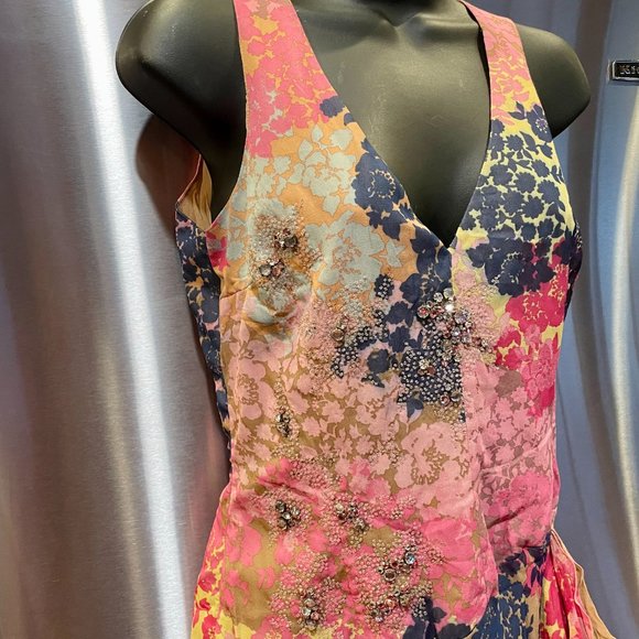 Sz XS 100% Silk Maxi Dress Floral Pink Blue RHINESTONE EMBELLISHED Sleeveless - Picture 3 of 14